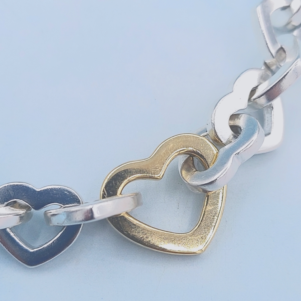 Tiffany & Co. Sterling Silver And 18k Gold Heart Link Bracelet 8 Inch